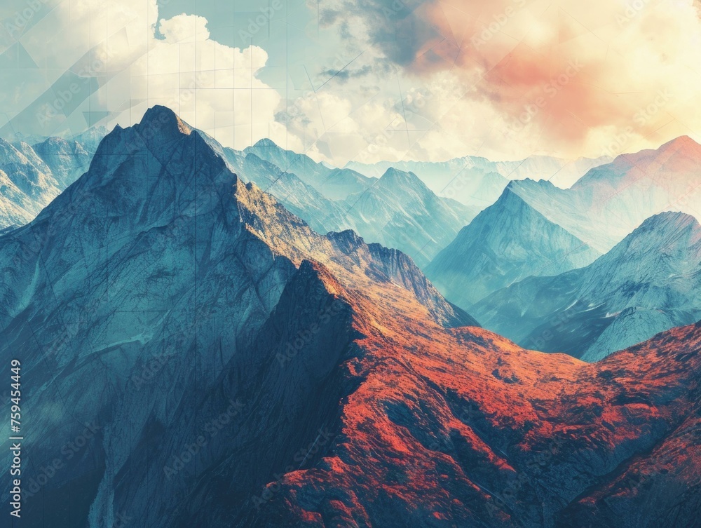 Poster a mountain range with a sunset in the background. generative ai.