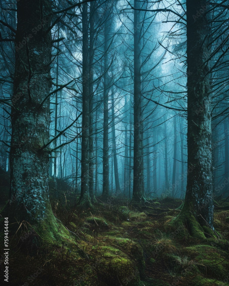 Poster a dark forest with trees and moss. generative ai.