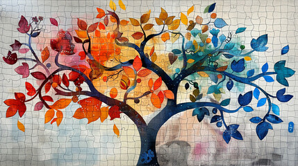 An expansive watercolor mural for a community space illustrating a tree whose branches represent different families with autistic children - obrazy, fototapety, plakaty