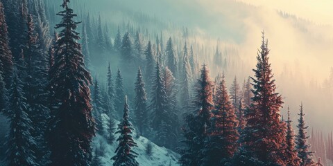 A snowy mountain with trees and fog. Generative AI.