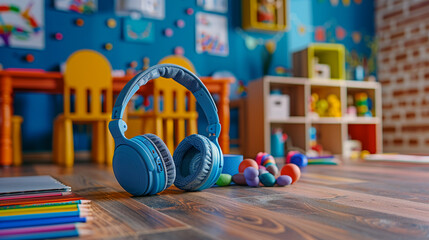 A collection of sensory-friendly learning materials and resources, including tactile books, noise-cancelling headphones, and visual aids, aimed at providing autistic children with a more engaging. - obrazy, fototapety, plakaty