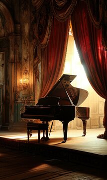 A grand piano in a room with curtains. Generative AI.