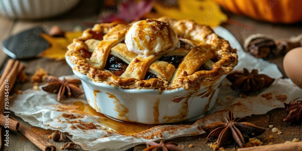 Poster a pie with apples and cinnamon on a wooden table. generative ai.