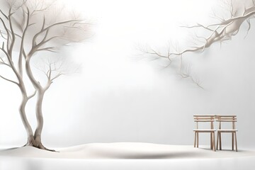 Minimal mockup background for product presentation. Podium and dry tree twigs branch with white...