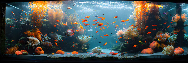 Beautiful aquarium with many fishes of different species,
Realistic view Under the see water stone and fish and other things
 - obrazy, fototapety, plakaty