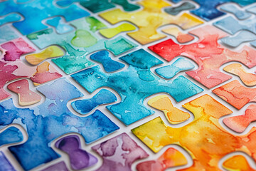 Colorful watercolor puzzle, symbol of Autism awareness day for children with Autism Spectrum Disorder, ASD. - obrazy, fototapety, plakaty