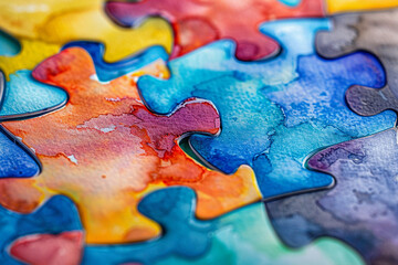 Colorful watercolor puzzle, symbol of Autism awareness day for children with Autism Spectrum Disorder, ASD.