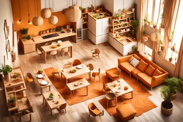 Cosy wooden sustainable dining room and kitchen in orange tones. Sofa, shelves, dining table, chairs. Ceramic tiles. Environmental friendly interior design, top view, plan, above