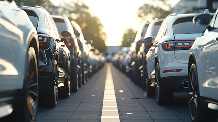 Traffic jam with row of cars at sunset.  - obrazy, fototapety, plakaty