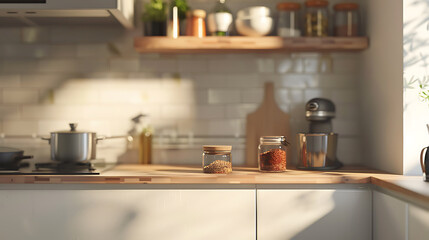 Glass jars with grains on countertop in modern kitchen. Space for text