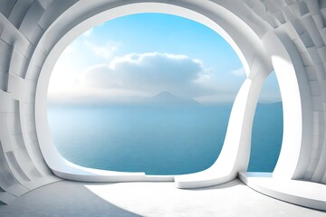 Architecture background exterior of curved wall building with round windows and sea view 3d render