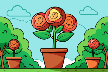 A rose, blooming in a pot, with a tree as its backdrop.