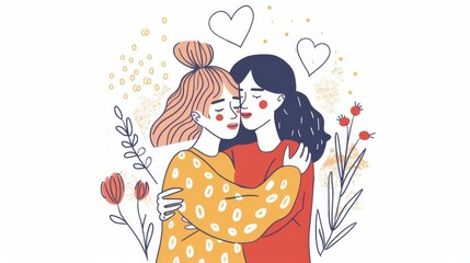 A hand drawn style modern illustration of two friends embracing lovingly.