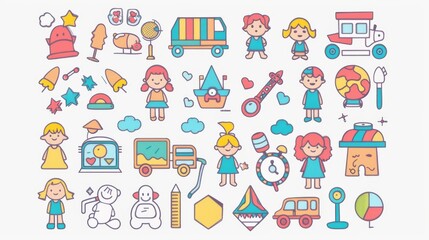 Modern illustration of kindergarten characters and toys in flat design style.
