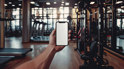 Cropped image of sportswoman holding smartphone with blank screen in gym - Powered by Adobe
