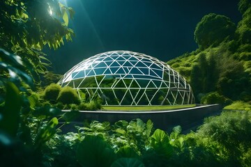 Futuristic geodesic dome ecological architecture with vegetation. Eco-friendly concepts. Eco-architecture. Modern city in future