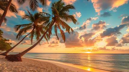 Fototapeta premium Beautiful tropical beach and sea with coconut palm tree at sunset time