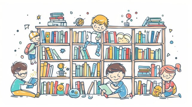 This simple modern illustration shows a cute child reading or playing with bookshelves.