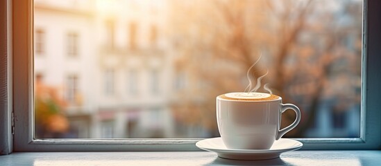 A coffee cup is elegantly placed on a saucer, resting on the window sill. The rich aroma of Cuban espresso fills the air, inviting you to enjoy an espressino moment