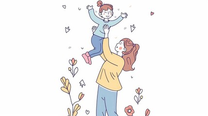 A mother lifts her child high up, hand-drawn style modern illustration.