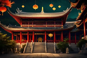 Gordijnen Traditional Chinese Buddhist Temple illuminated for the Mid-Autumn festival. digital art © Maryam
