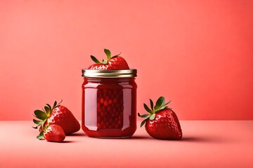 Jar jam display sweet product red background strawberry png fruits mockup