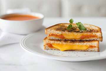 Delicious Grilled Cheese and Tomato Soup on White Table Gen AI