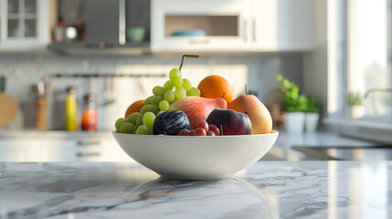 fruit in white bowl with kitchen blurred background  - Powered by Adobe