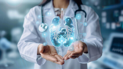 doctor pressing modern medical type with lungs 