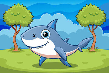 A cute shark swims amidst a background of lush green trees.