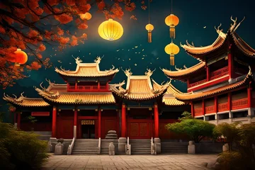 Meubelstickers Traditional Chinese Buddhist Temple illuminated for the Mid-Autumn festival. digital art © Maryam