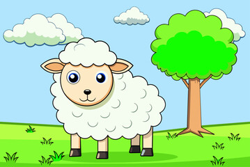 An adorable sheep stands in front of a lush green tree.