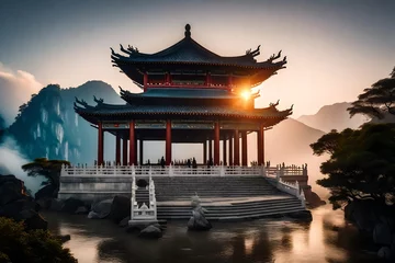 Plexiglas foto achterwand Landscape of chinese temple in the mist at sunset with mountain background © Maryam