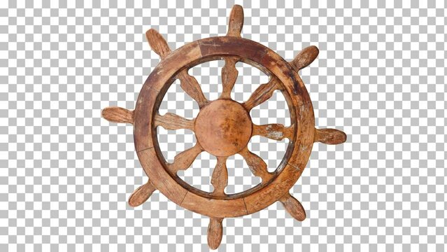 steering wheel of a ship. Old wooden steering wheel helm from yacht, boat isolated rotate on a transparent background
