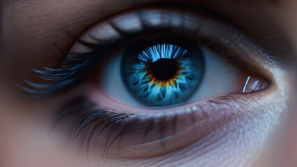 Fototapeta premium Close up shot of opened eye with beautiful blue iris. Healthy eyesight concept. Front view macro iris