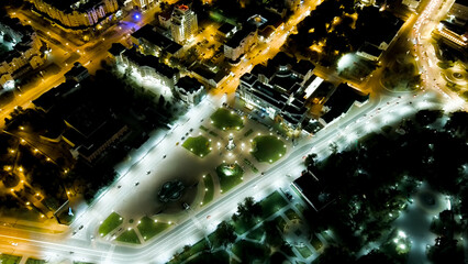 Lipetsk, Russia. Peter the Great Square. Night city lights. Flight after sunset. History Center, Aerial View