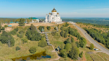 Russia, Perm region. Belogorsk St. Nicholas Missionary Monastery. Cathedral of the Exaltation of the Holy Cross in Belogorsk Nicholas Monastery, Aerial View