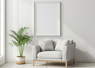 White Wall Frame Mock-Up, Gallery Frame For Liviving Room, Vertical Wall Frame with Plants and Sofa, A4 Wall Frame, 3D Render