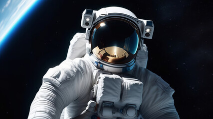 Spaceman astronaut floating in outer space. Earth planet on background. Designed for fantastic, futuristic, science or space travel backgrounds. Banner copy space. Earth day cosmonautics day concept - obrazy, fototapety, plakaty