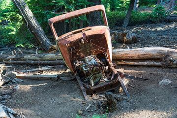 Old rusted vehicle in forest.  