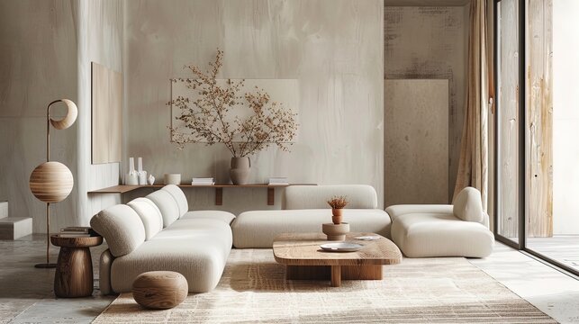 Sleek modern living space with minimalist design and neutral tones.