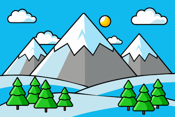 Snow-capped mountains tower over evergreen trees in this majestic alpine setting.