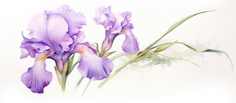 A beautiful painting featuring purple flowers with delicate petals on a white background, capturing the essence of a budding flowering plant