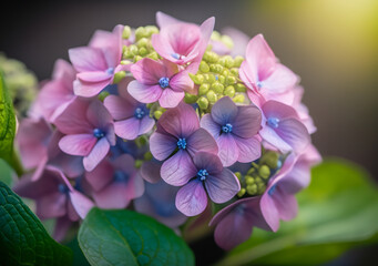 A young Hydrangea flower after a spring shower, inside a larger bloom and with light coming in between thee flowers. Extremely shallow depth of field for dreamy feel.