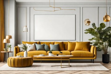 yellow modern living room with sofa and plant
