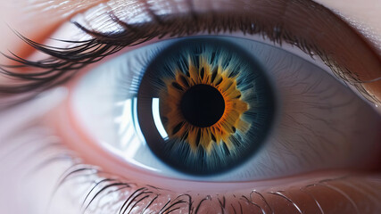 Close up shot of opened eye with beautiful blue iris. Healthy eyesight concept. Front view macro iris - obrazy, fototapety, plakaty