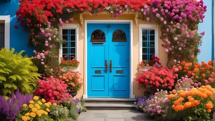 Fototapeta na wymiar Colorful house door with a garden full of flowers in the front