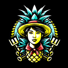 illustration design logo farmer pineapple on black background