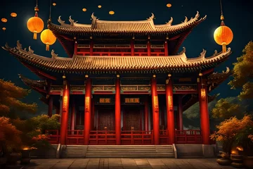 Plexiglas foto achterwand Traditional Chinese Buddhist Temple illuminated for the Mid-Autumn festival. digital art © Maryam