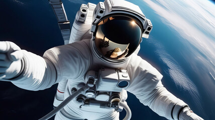 Spaceman astronaut floating in outer space and make selfie. Earth planet on background. Designed for fantastic, futuristic, science or space travel backgrounds. Earth day cosmonautics day concept - obrazy, fototapety, plakaty